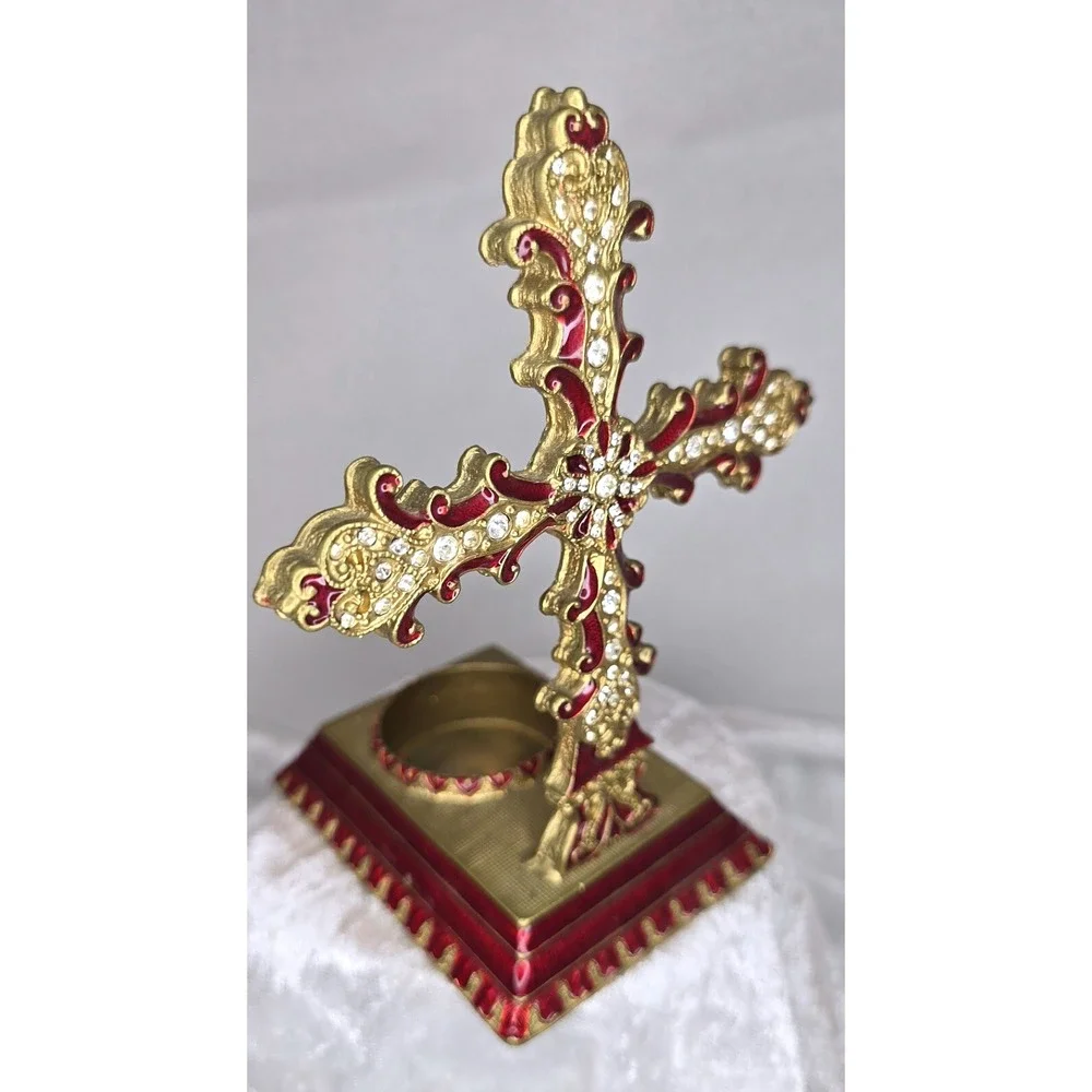 Red And Gold Rhinestone Handcrafted Cross, Tea-light Holder Stunning 5 1/2
